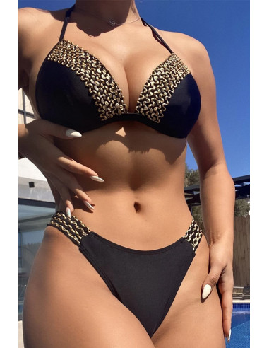 Costum de baie doua piese, cupe triunghiulare si slip clasic, benzi cu paiete