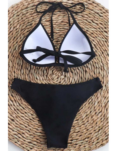 Costum de baie doua piese, cupe triunghiulare si slip clasic, benzi cu paiete