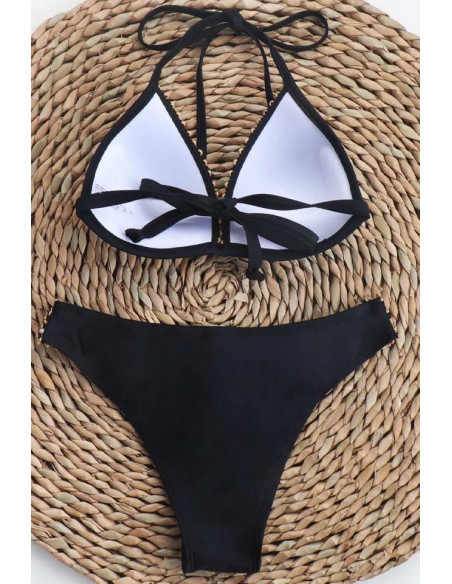 Costum de baie doua piese, cupe triunghiulare si slip clasic, benzi cu paiete