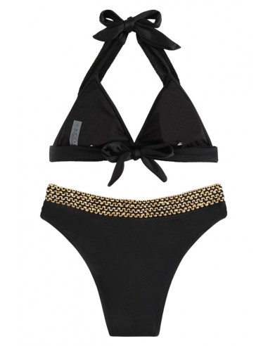Costum de baie doua piese, cupe triunghiulare si slip inalt, benzi cu paiete