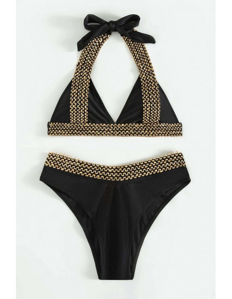 Costum de baie doua piese, cupe triunghiulare si slip inalt, benzi cu paiete
