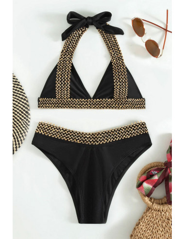 Costum de baie doua piese, cupe triunghiulare si slip inalt, benzi cu paiete