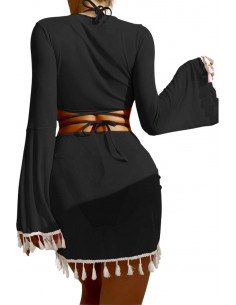 Costum de baie patru piese, cupe triunghiulare, slip inalt, top si fusta cu canafi 2