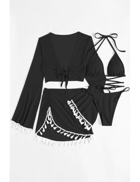 Costum de baie patru piese, cupe triunghiulare, slip inalt, top si fusta cu canafi