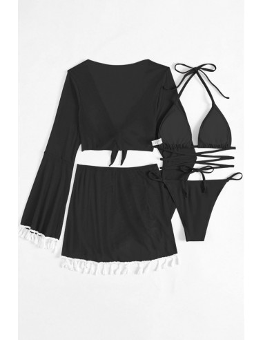 Costum de baie patru piese, cupe triunghiulare, slip inalt, top si fusta cu canafi