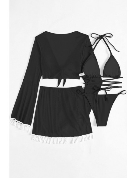 Costum de baie patru piese, cupe triunghiulare, slip inalt, top si fusta cu canafi