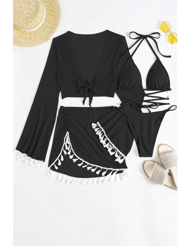 Costum de baie patru piese, cupe triunghiulare, slip inalt, top si fusta cu canafi