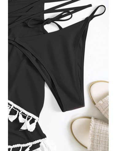 Costum de baie patru piese, cupe triunghiulare, slip inalt, top si fusta cu canafi