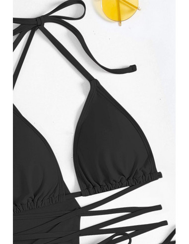 Costum de baie patru piese, cupe triunghiulare, slip inalt, top si fusta cu canafi