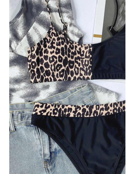 Costum de baie doua piese, bustiera cu imprimeu asimetric si slip cu banda leopard
