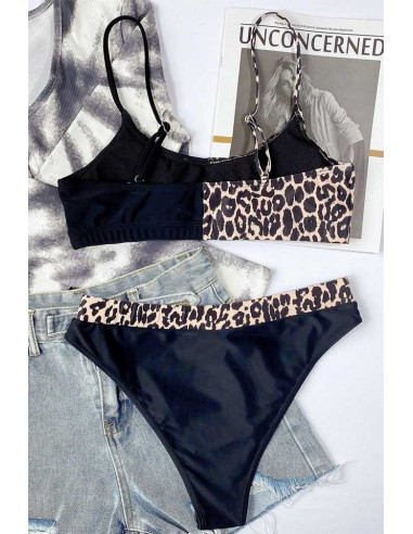 Costum de baie doua piese, bustiera cu imprimeu asimetric si slip cu banda leopard