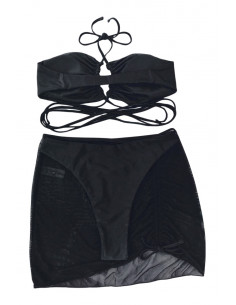 Costum de baie trei piese, sutien cu snururi incrucisate si fustita semitransparenta, incretita 2
