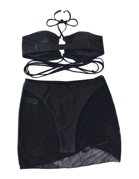 Costum de baie trei piese, sutien cu snururi incrucisate si fustita semitransparenta, incretita