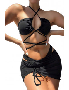 Costum de baie trei piese, sutien cu snururi incrucisate si fustita semitransparenta, incretita