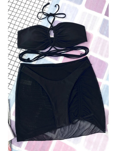Costum de baie trei piese, sutien cu snururi incrucisate si fustita semitransparenta, incretita