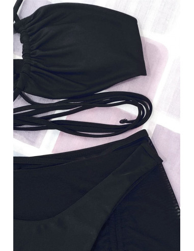 Costum de baie trei piese, sutien cu snururi incrucisate si fustita semitransparenta, incretita