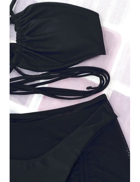 Costum de baie trei piese, sutien cu snururi incrucisate si fustita semitransparenta, incretita