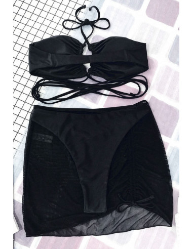 Costum de baie trei piese, sutien cu snururi incrucisate si fustita semitransparenta, incretita