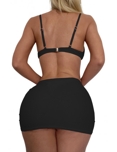 Costum de baie trei piese, cupe formate, slip cu talie joasa si fustita incretita