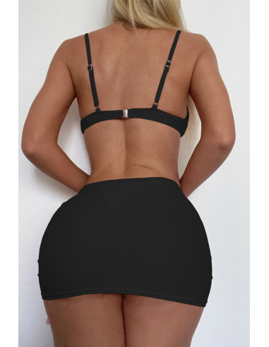 Costum de baie trei piese, cupe formate, slip cu talie joasa si fustita incretita