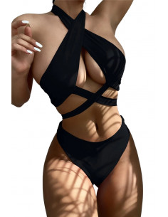 Costum de baie doua piese, bustiera legata incrucisat si slip cu sold inalt