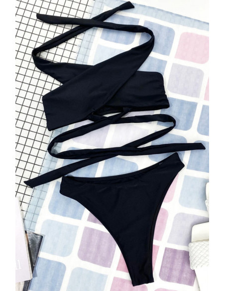Costum de baie doua piese, bustiera legata incrucisat si slip cu sold inalt
