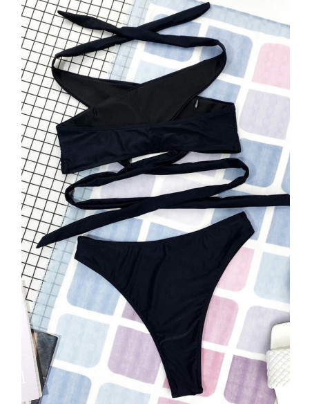 Costum de baie doua piese, bustiera legata incrucisat si slip cu sold inalt