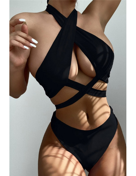 Costum de baie doua piese, bustiera legata incrucisat si slip cu sold inalt