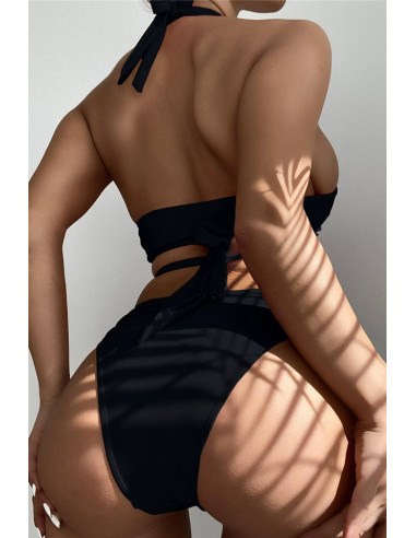 Costum de baie doua piese, bustiera legata incrucisat si slip cu sold inalt