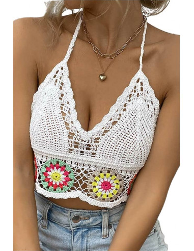 Top de vara, bustiera crosetata cu spatele gol, model floral colorat