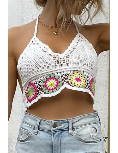 Top de vara, bustiera crosetata cu spatele gol, model floral colorat