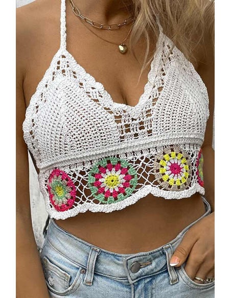 Top de vara, bustiera crosetata cu spatele gol, model floral colorat