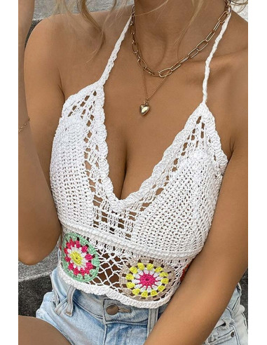 Top de vara, bustiera crosetata cu spatele gol, model floral colorat