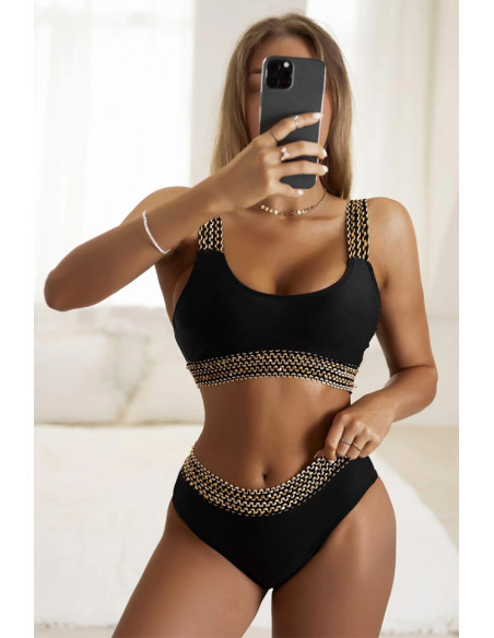 Costum de baie doua piese, talie inalta si bustiera, paiete aurii