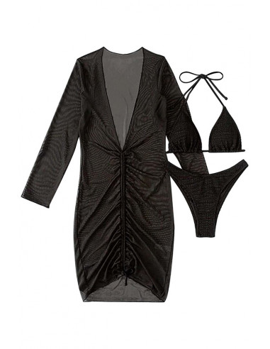 Costum de baie trei piese, cupe triunghiulare, sold inalt si rochita decoltata