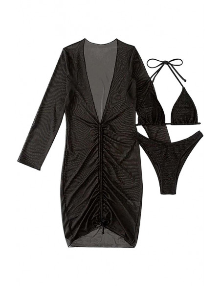 Costum de baie trei piese, cupe triunghiulare, sold inalt si rochita decoltata