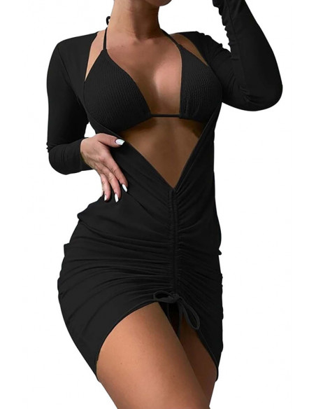 Costum de baie trei piese, cupe triunghiulare, sold inalt si rochita decoltata