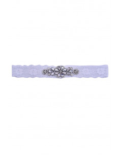 Jartiera pentru mireasa, medalion mic floral, cusut cu cristale si margelute, pe dantela elastica ingusta