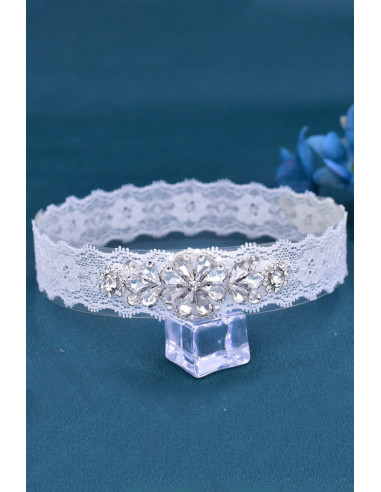 Jartiera pentru mireasa, medalion mic floral, cusut cu cristale si margelute, pe dantela elastica ingusta