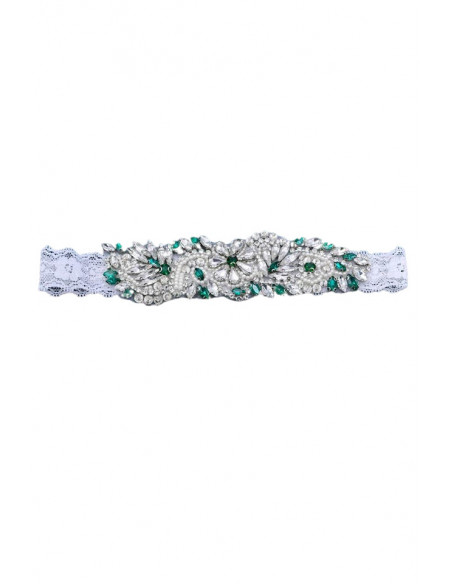 Jartiera pentru mireasa, medalion masiv floral, cusut cu cristale bicolore, perle si margele, pe dantela elastica ingusta