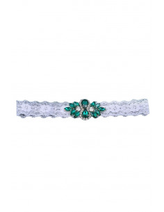 Jartiera pentru mireasa, medalion mic floral, cusut cu cristale bicolore, pe dantela elastica ingusta