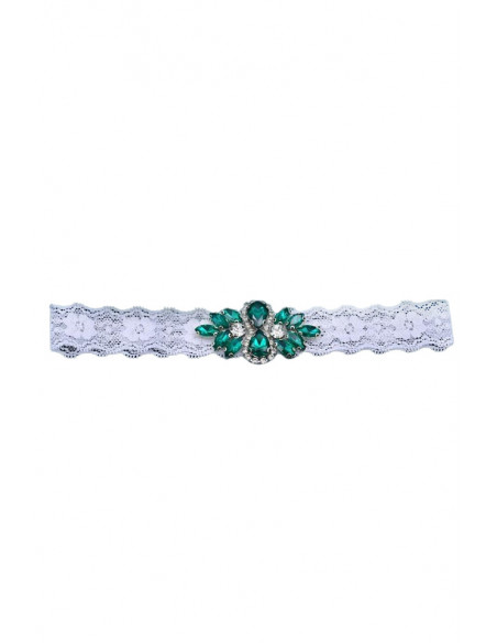 Jartiera pentru mireasa, medalion mic floral, cusut cu cristale bicolore, pe dantela elastica ingusta