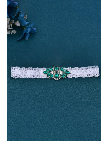 Jartiera pentru mireasa, medalion mic floral, cusut cu cristale bicolore, pe dantela elastica ingusta