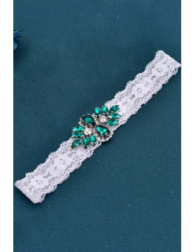 Jartiera pentru mireasa, medalion mic floral, cusut cu cristale bicolore, pe dantela elastica ingusta