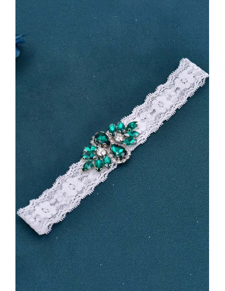 Jartiera pentru mireasa, medalion mic floral, cusut cu cristale bicolore, pe dantela elastica ingusta