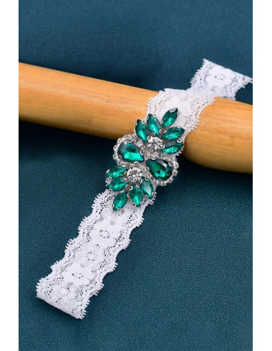 Jartiera pentru mireasa, medalion mic floral, cusut cu cristale bicolore, pe dantela elastica ingusta
