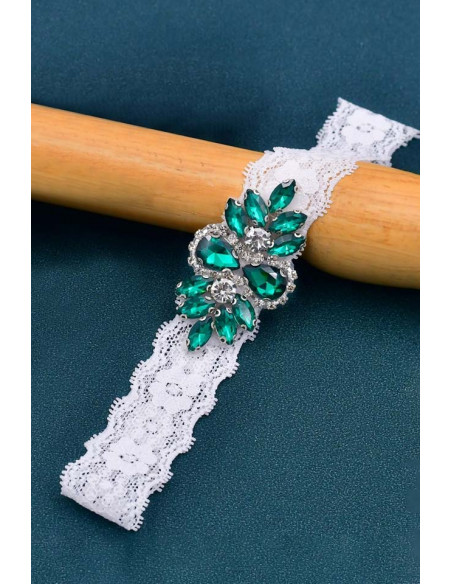 Jartiera pentru mireasa, medalion mic floral, cusut cu cristale bicolore, pe dantela elastica ingusta