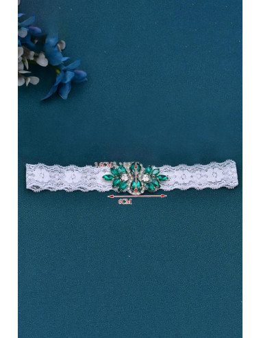 Jartiera pentru mireasa, medalion mic floral, cusut cu cristale bicolore, pe dantela elastica ingusta