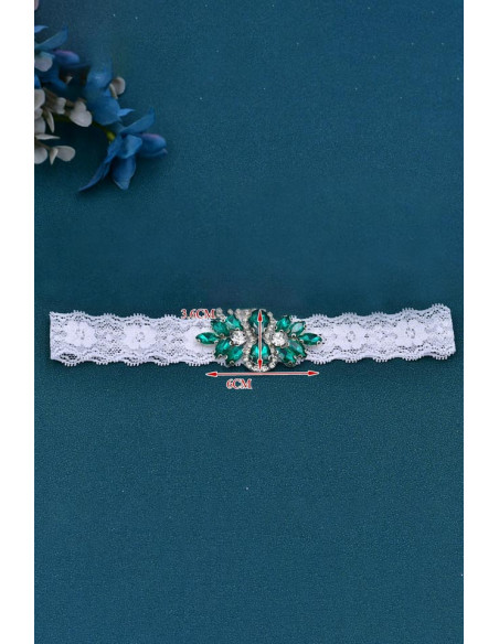 Jartiera pentru mireasa, medalion mic floral, cusut cu cristale bicolore, pe dantela elastica ingusta
