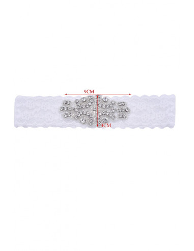 Jartiera pentru mireasa, medalion floral oval, cusut cu cristale si margelute, pe dantela elastica
